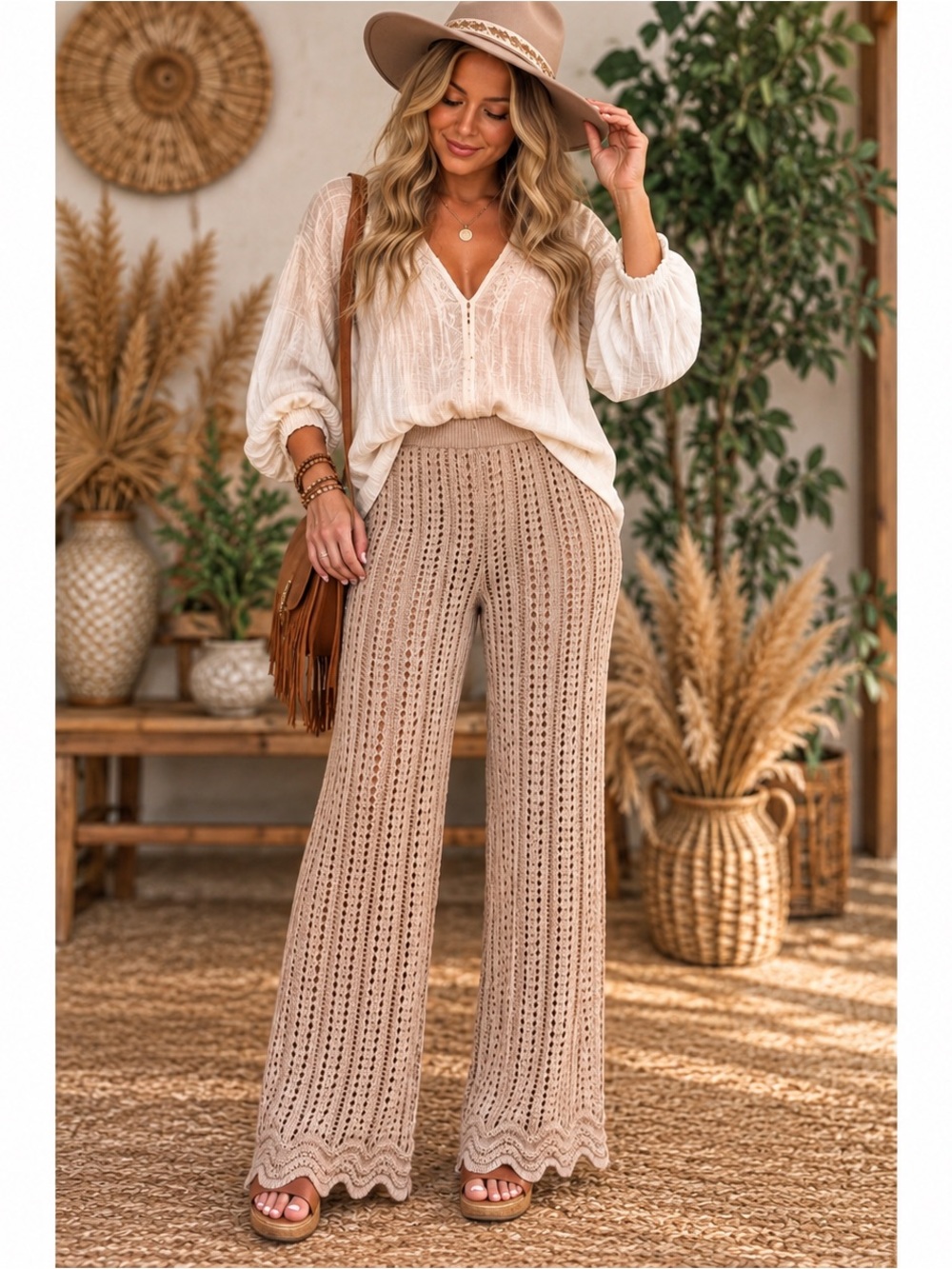 Solitaire Crochet Open-Knit Wide-Leg Pants | Size L